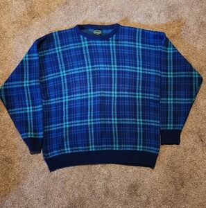 Vintage 90s XL IZOD Plaid Sweater all Cotton Blue Green